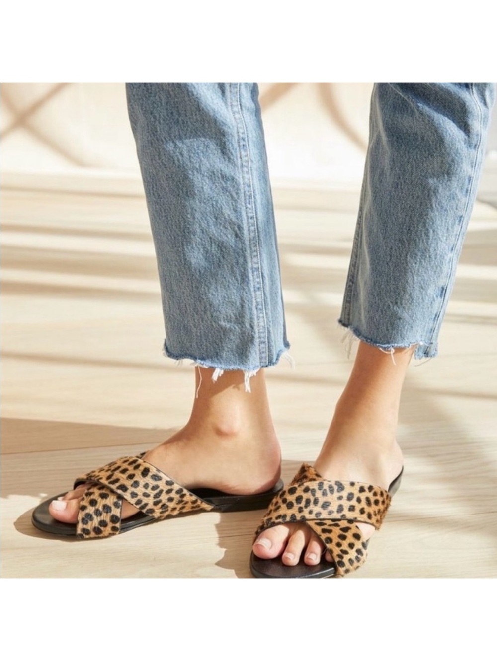 Jenni Kayne Leopard Print Pony Hair Crossover Strap Slide Sandals size EU 36